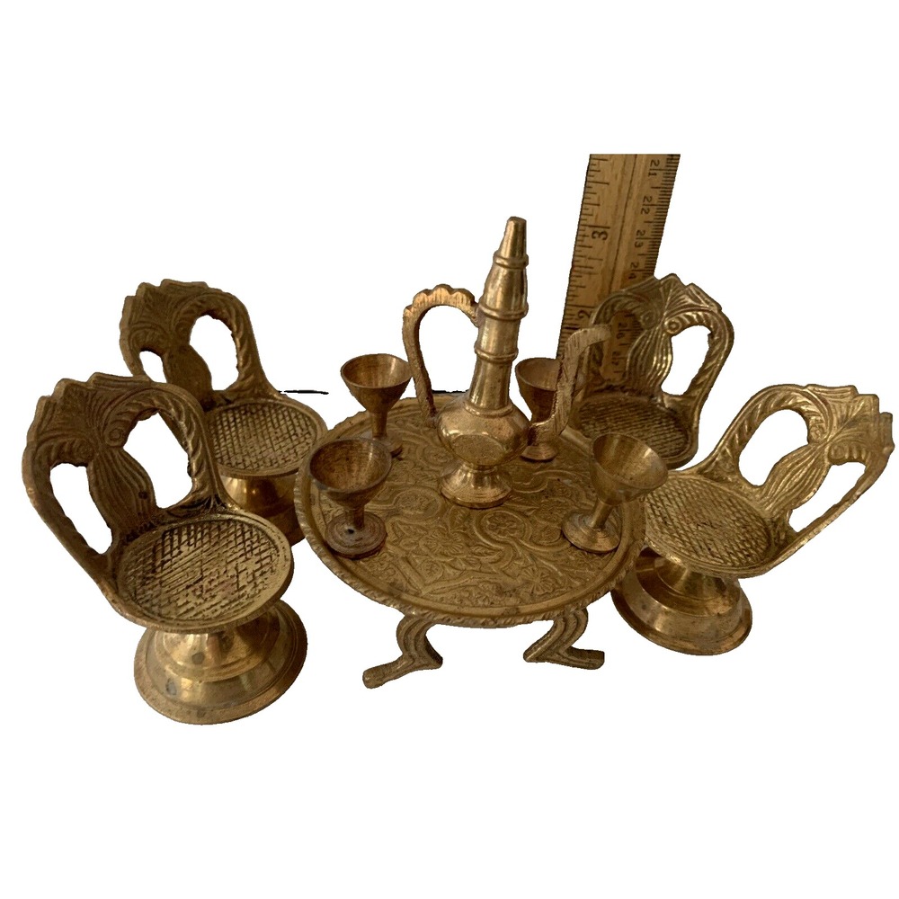 Miniature Brass Table Chairs Goblets & Pitcher LOT of 10 Doll House Decor India
